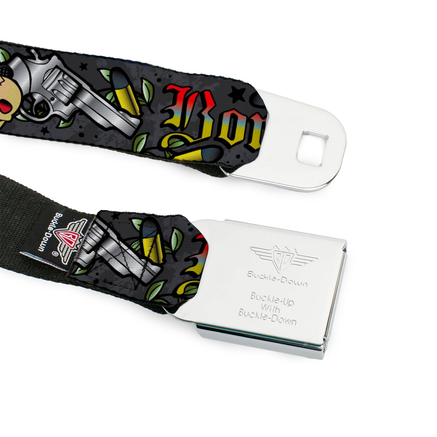 BD Wings Logo CLOSE - UP Full Color Black Silver Seatbelt Belt - Born to Raise Hell Gray Webbing - Seatbelt Belts - Buckle - Down