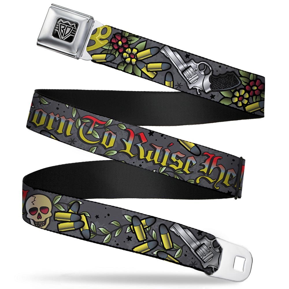 BD Wings Logo CLOSE - UP Full Color Black Silver Seatbelt Belt - Born to Raise Hell Gray Webbing - Seatbelt Belts - Buckle - Down