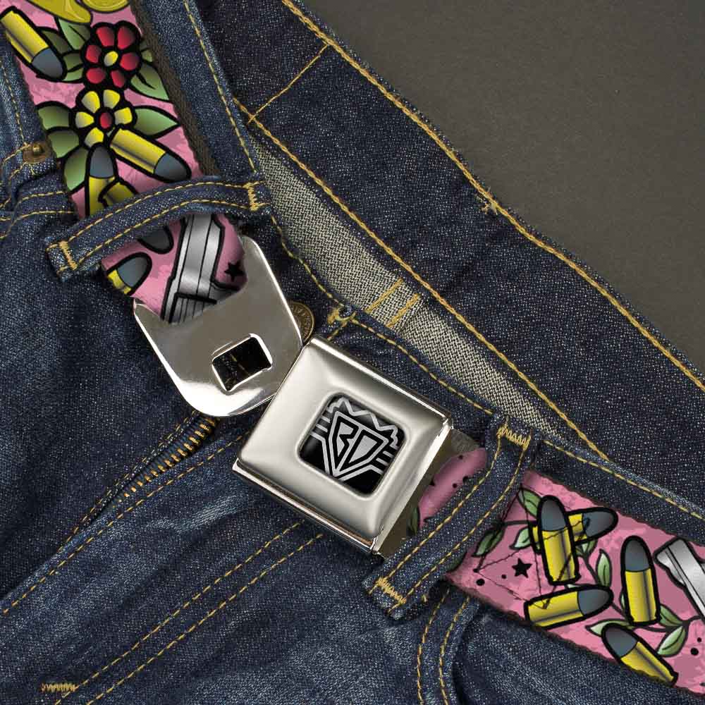 BD Wings Logo CLOSE - UP Full Color Black Silver Seatbelt Belt - Born to Raise Hell Pink Webbing - Seatbelt Belts - Buckle - Down