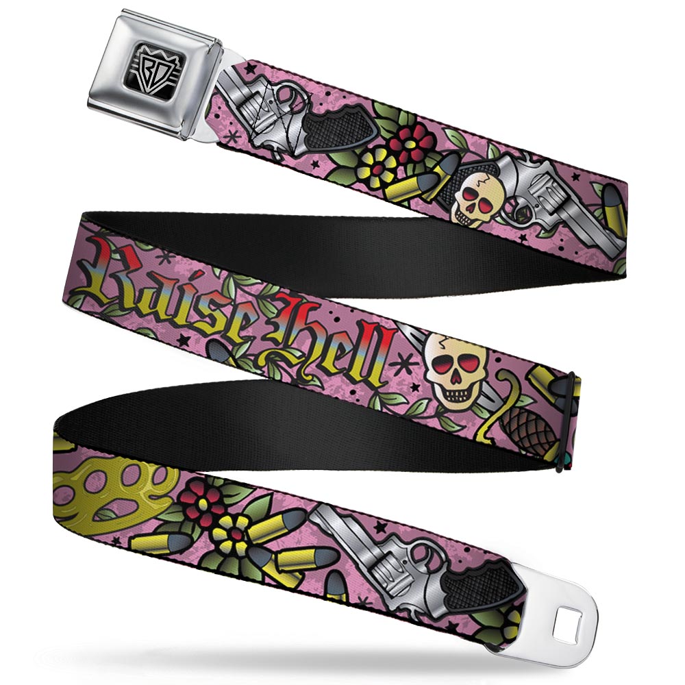 BD Wings Logo CLOSE - UP Full Color Black Silver Seatbelt Belt - Born to Raise Hell Pink Webbing - Seatbelt Belts - Buckle - Down
