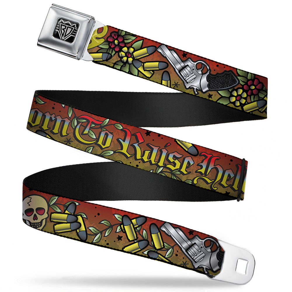BD Wings Logo CLOSE - UP Full Color Black Silver Seatbelt Belt - Born to Raise Hell Red Webbing - Seatbelt Belts - Buckle - Down