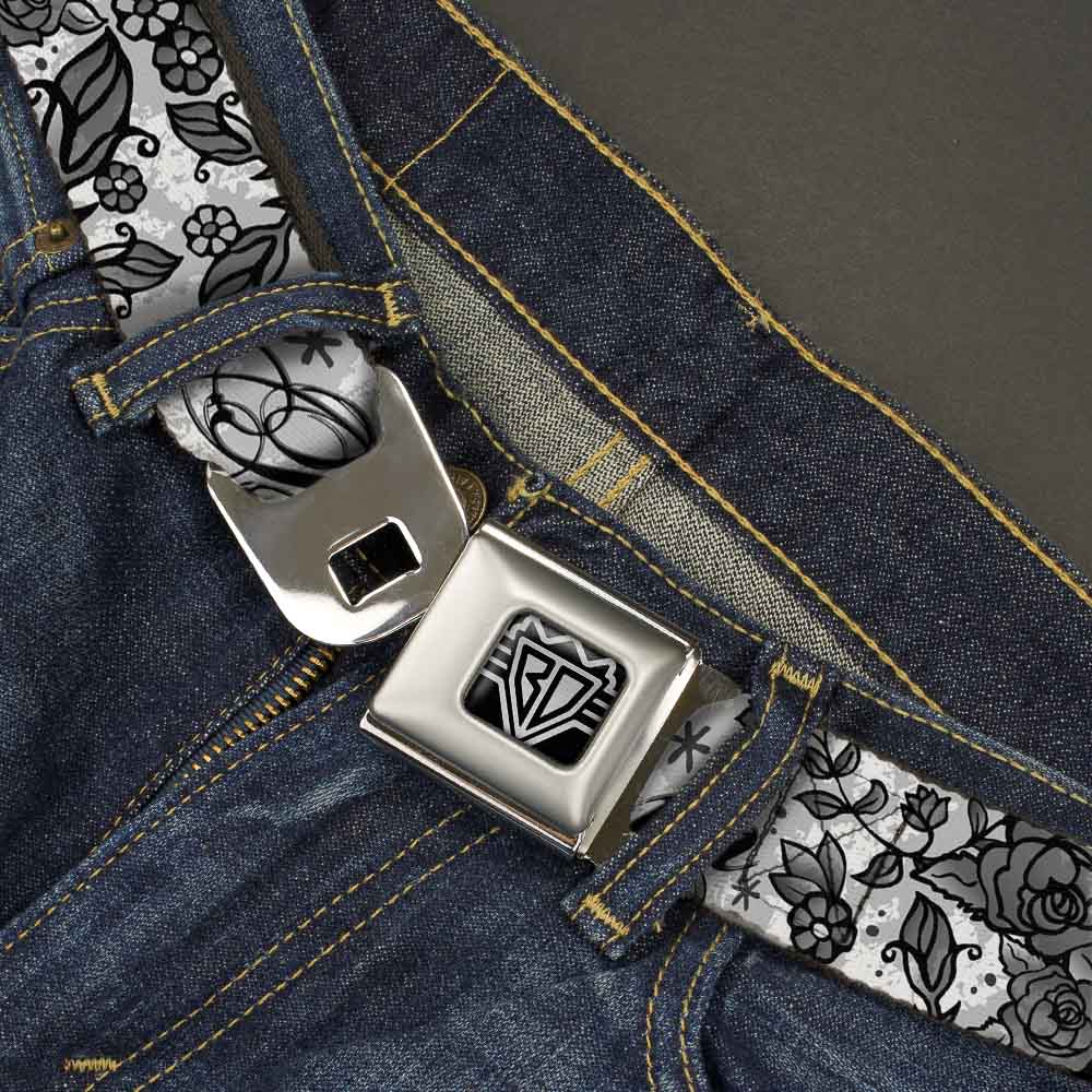 BD Wings Logo CLOSE - UP Full Color Black Silver Seatbelt Belt - Born to Blossom Black/White Webbing - Seatbelt Belts - Buckle - Down