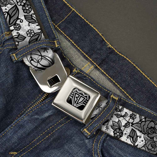 BD Wings Logo CLOSE - UP Full Color Black Silver Seatbelt Belt - Born to Blossom Black/White Webbing - Seatbelt Belts - Buckle - Down