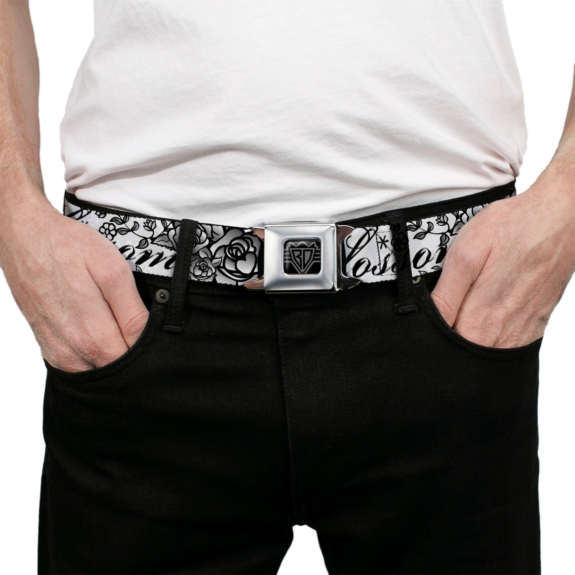 BD Wings Logo CLOSE - UP Full Color Black Silver Seatbelt Belt - Born to Blossom Black/White Webbing - Seatbelt Belts - Buckle - Down