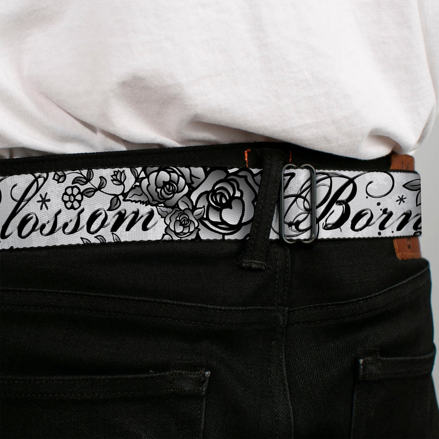 BD Wings Logo CLOSE - UP Full Color Black Silver Seatbelt Belt - Born to Blossom Black/White Webbing - Seatbelt Belts - Buckle - Down