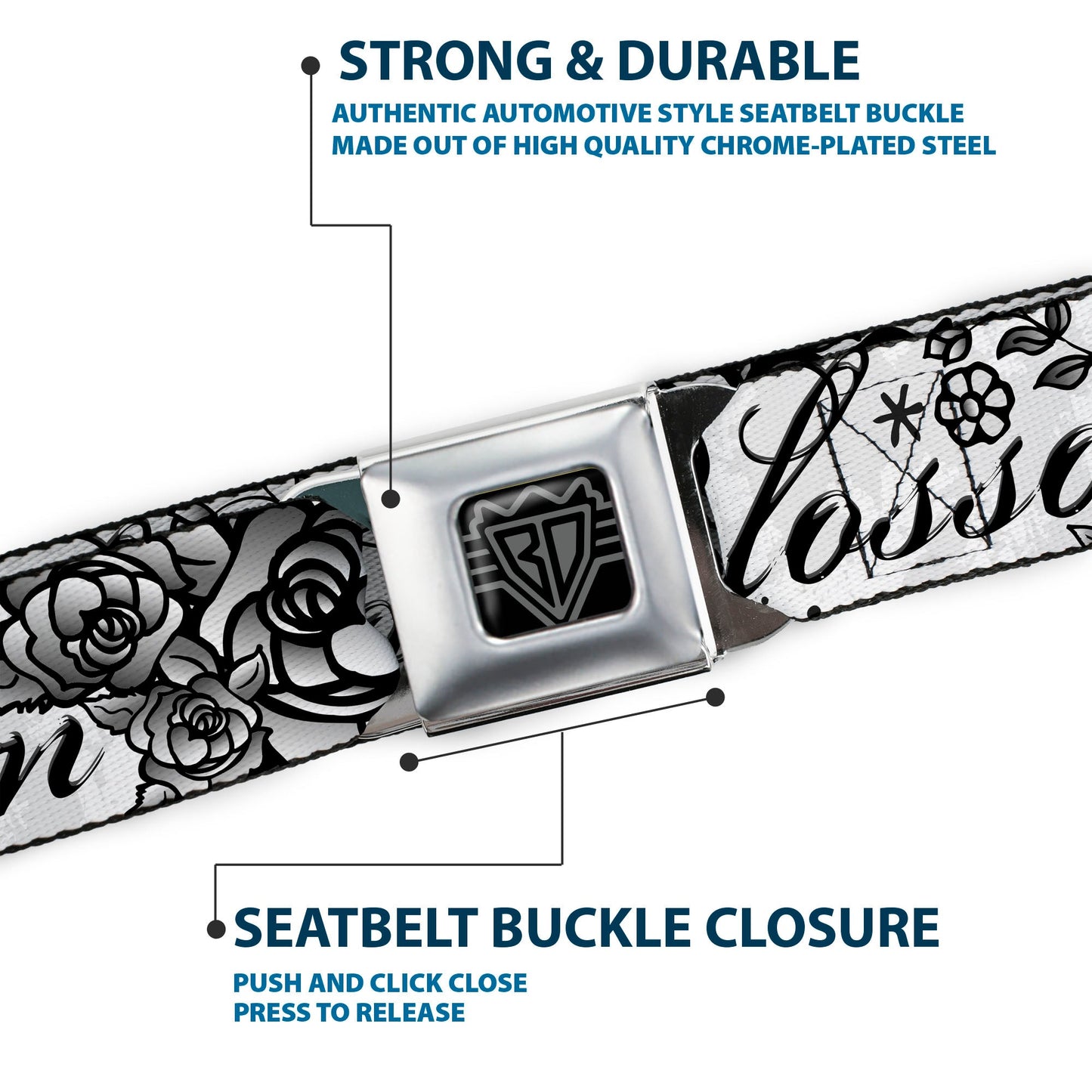 BD Wings Logo CLOSE - UP Full Color Black Silver Seatbelt Belt - Born to Blossom Black/White Webbing - Seatbelt Belts - Buckle - Down