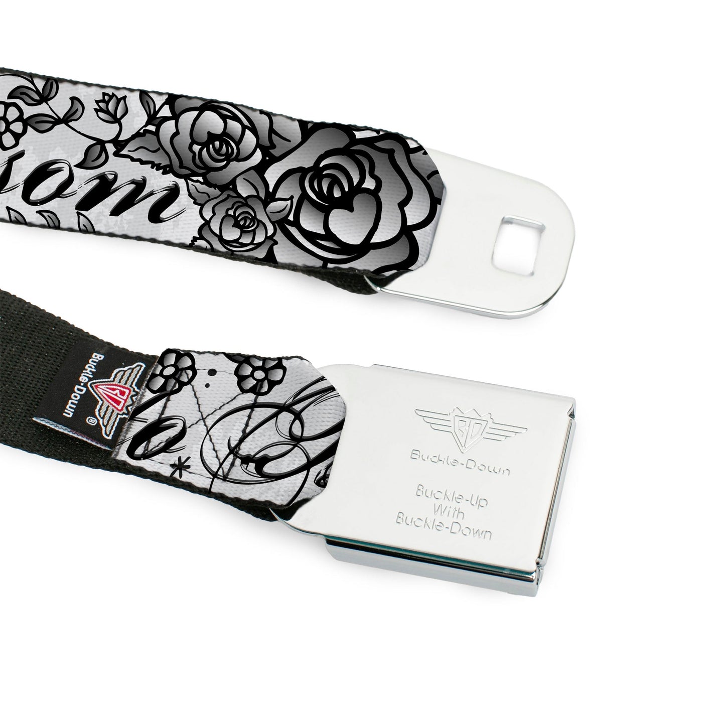 BD Wings Logo CLOSE - UP Full Color Black Silver Seatbelt Belt - Born to Blossom Black/White Webbing - Seatbelt Belts - Buckle - Down