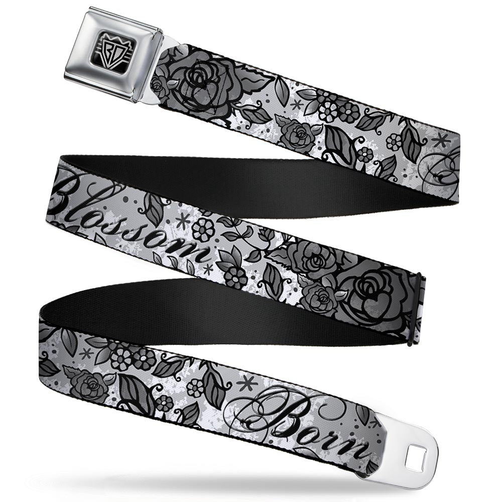 BD Wings Logo CLOSE - UP Full Color Black Silver Seatbelt Belt - Born to Blossom Black/White Webbing - Seatbelt Belts - Buckle - Down