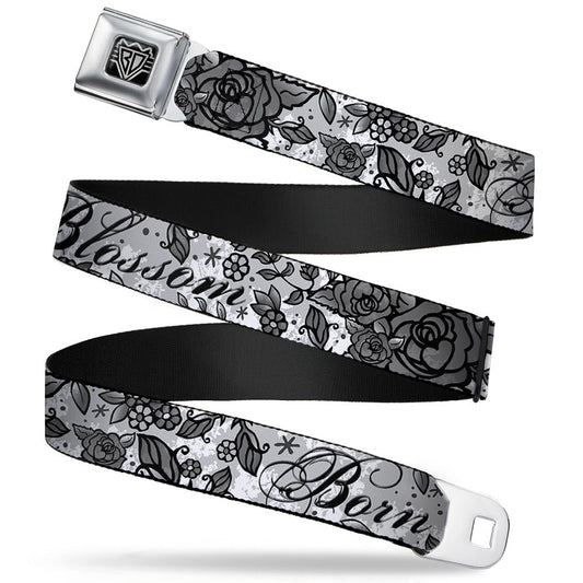 BD Wings Logo CLOSE - UP Full Color Black Silver Seatbelt Belt - Born to Blossom Black/White Webbing - Seatbelt Belts - Buckle - Down