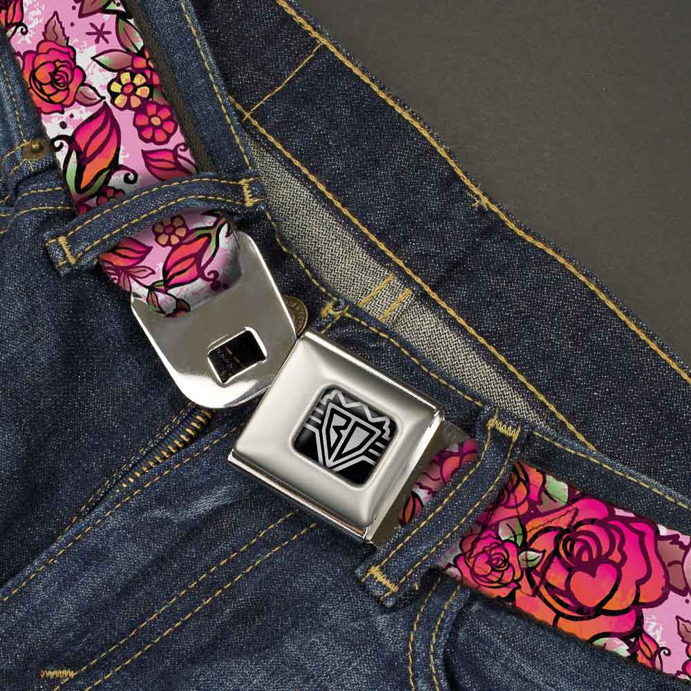 BD Wings Logo CLOSE - UP Full Color Black Silver Seatbelt Belt - Born to Blossom CLOSE - UP White Webbing - Seatbelt Belts - Buckle - Down