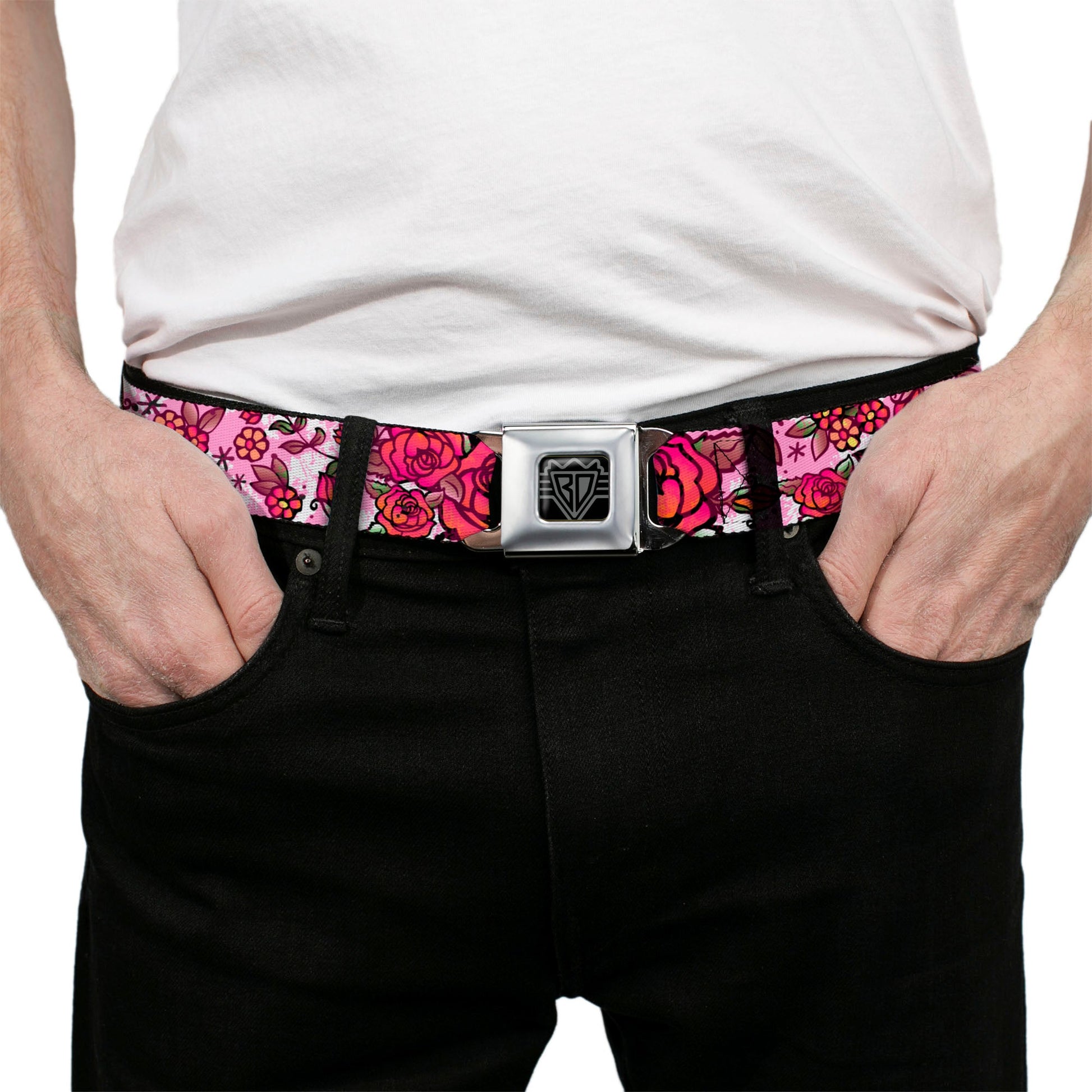 BD Wings Logo CLOSE - UP Full Color Black Silver Seatbelt Belt - Born to Blossom CLOSE - UP White Webbing - Seatbelt Belts - Buckle - Down