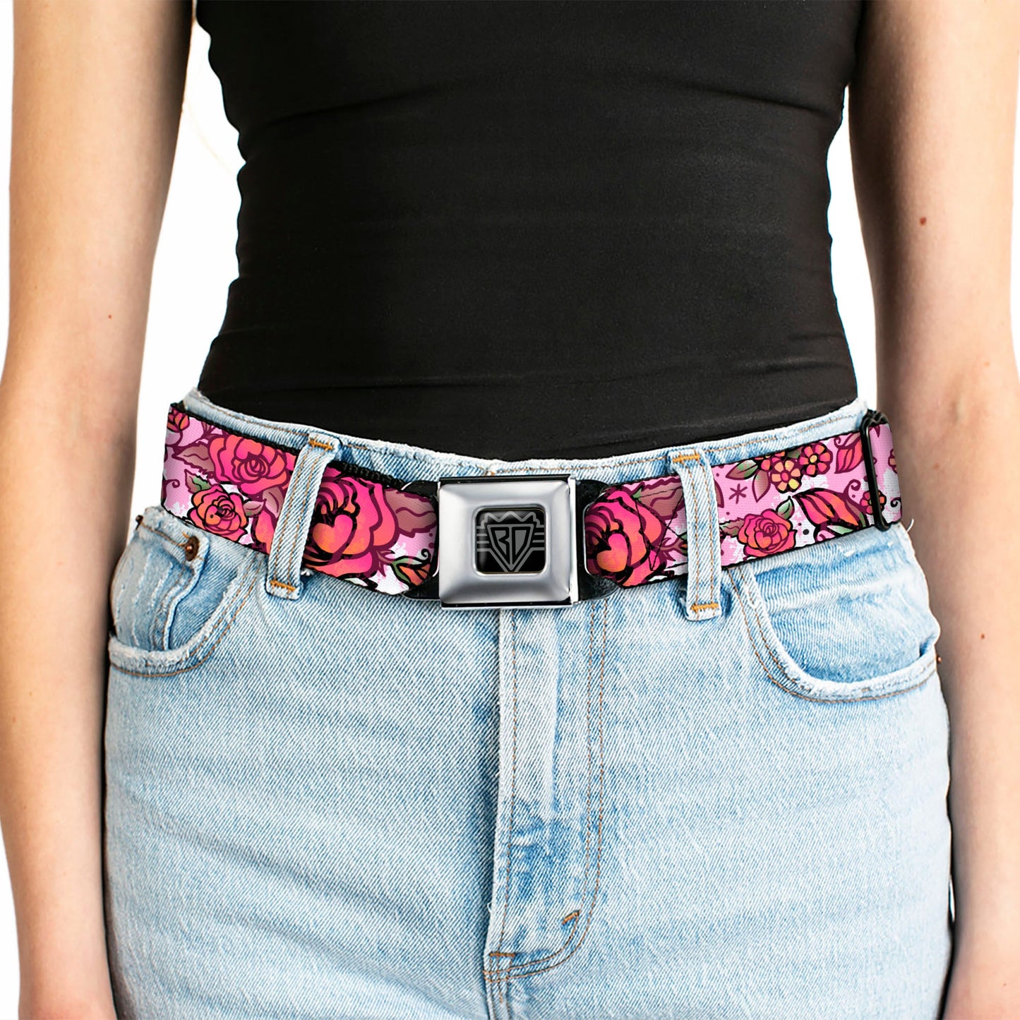 BD Wings Logo CLOSE - UP Full Color Black Silver Seatbelt Belt - Born to Blossom CLOSE - UP White Webbing - Seatbelt Belts - Buckle - Down
