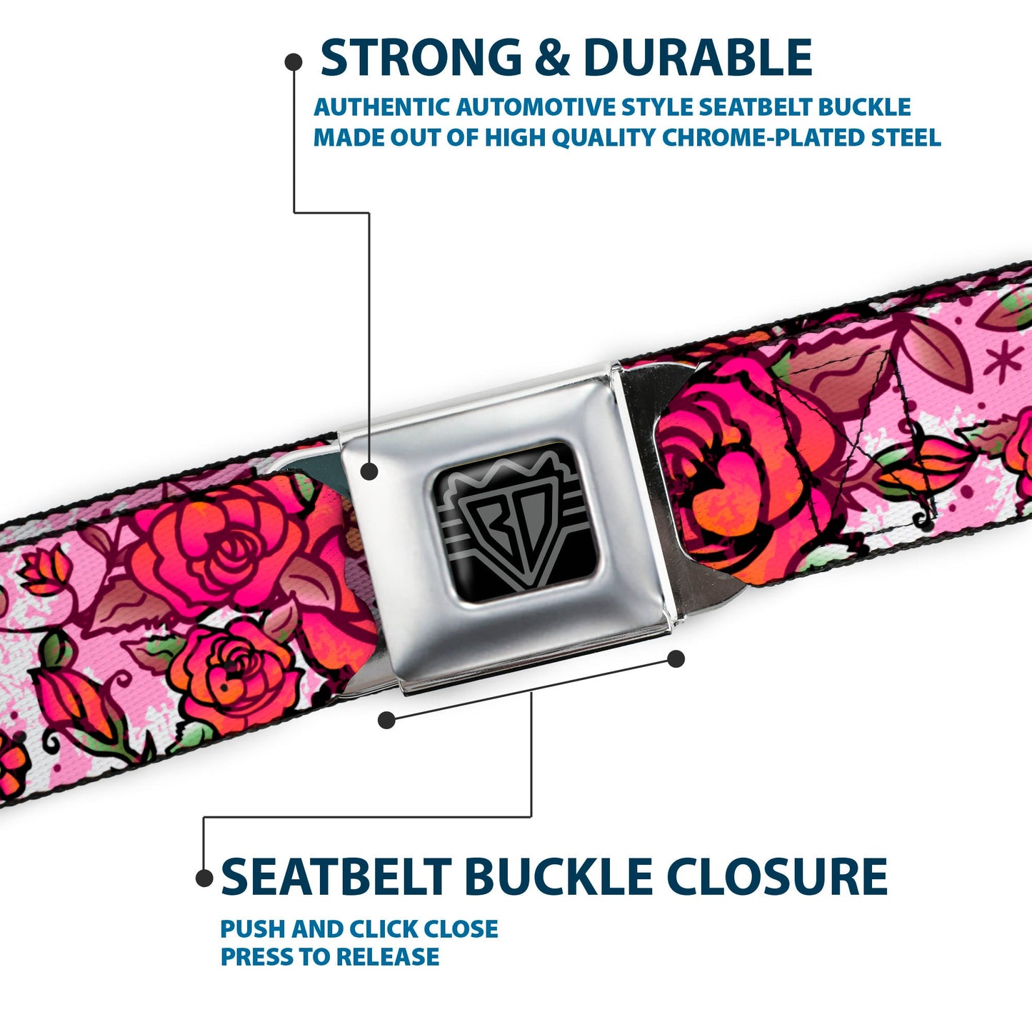 BD Wings Logo CLOSE - UP Full Color Black Silver Seatbelt Belt - Born to Blossom CLOSE - UP White Webbing - Seatbelt Belts - Buckle - Down