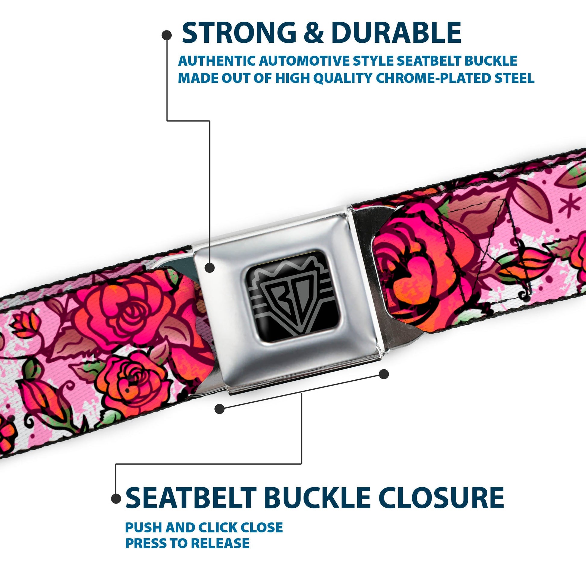 BD Wings Logo CLOSE - UP Full Color Black Silver Seatbelt Belt - Born to Blossom CLOSE - UP White Webbing - Seatbelt Belts - Buckle - Down