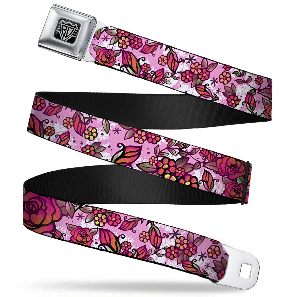 BD Wings Logo CLOSE - UP Full Color Black Silver Seatbelt Belt - Born to Blossom CLOSE - UP White Webbing - Seatbelt Belts - Buckle - Down