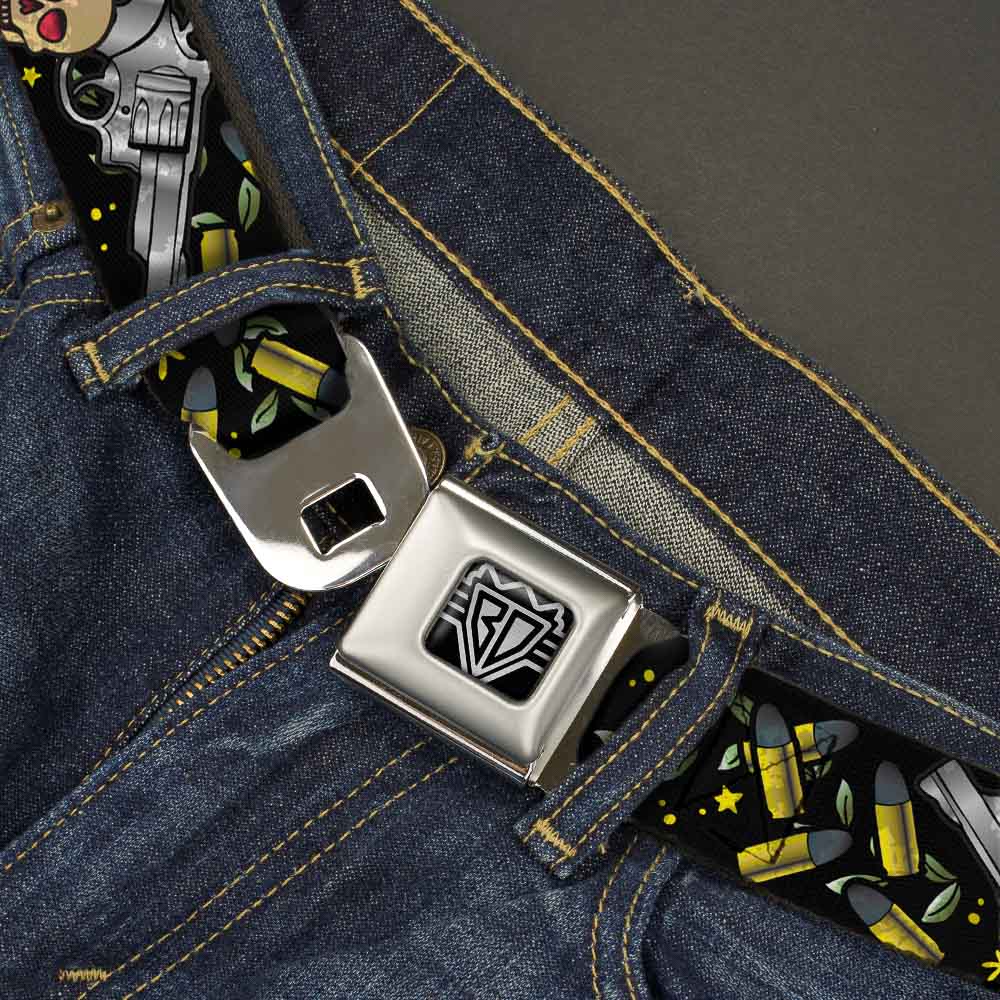 BD Wings Logo CLOSE - UP Full Color Black Silver Seatbelt Belt - Born to Raise Hell CLOSE - UP Black Webbing - Seatbelt Belts - Buckle - Down
