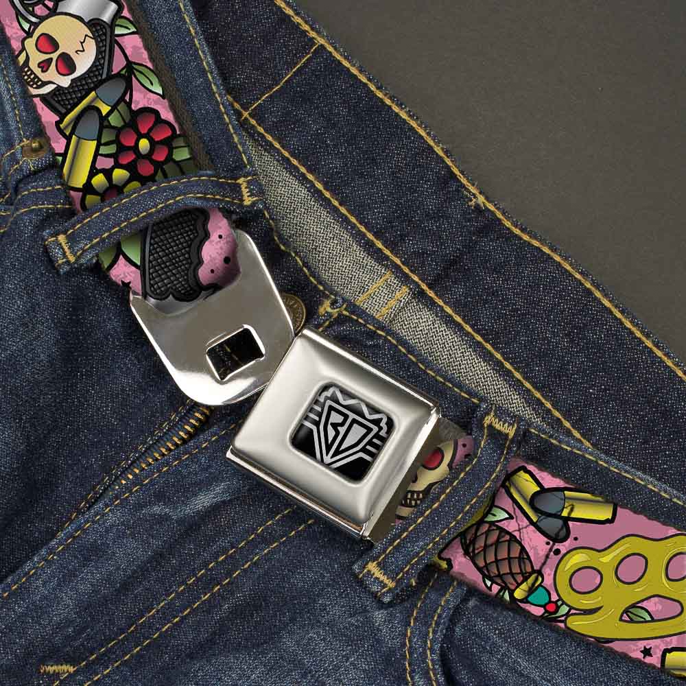 BD Wings Logo CLOSE - UP Full Color Black Silver Seatbelt Belt - Born to Raise Hell CLOSE - UP Pink Webbing - Seatbelt Belts - Buckle - Down