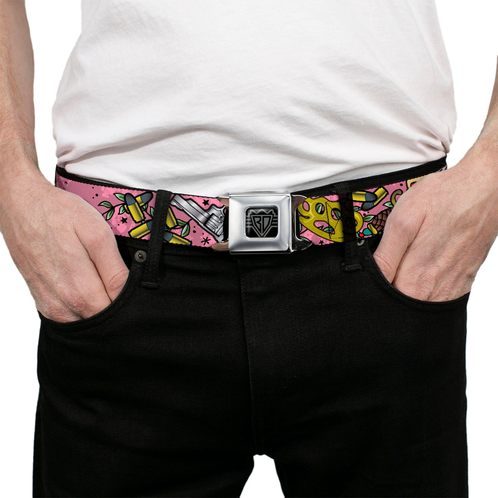 BD Wings Logo CLOSE - UP Full Color Black Silver Seatbelt Belt - Born to Raise Hell CLOSE - UP Pink Webbing - Seatbelt Belts - Buckle - Down