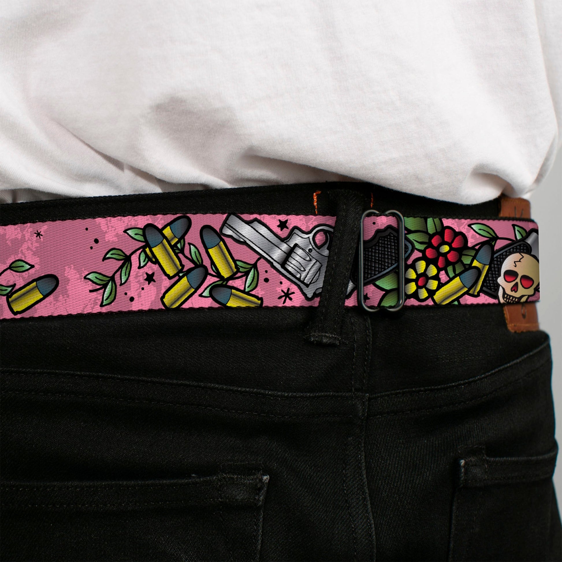 BD Wings Logo CLOSE - UP Full Color Black Silver Seatbelt Belt - Born to Raise Hell CLOSE - UP Pink Webbing - Seatbelt Belts - Buckle - Down