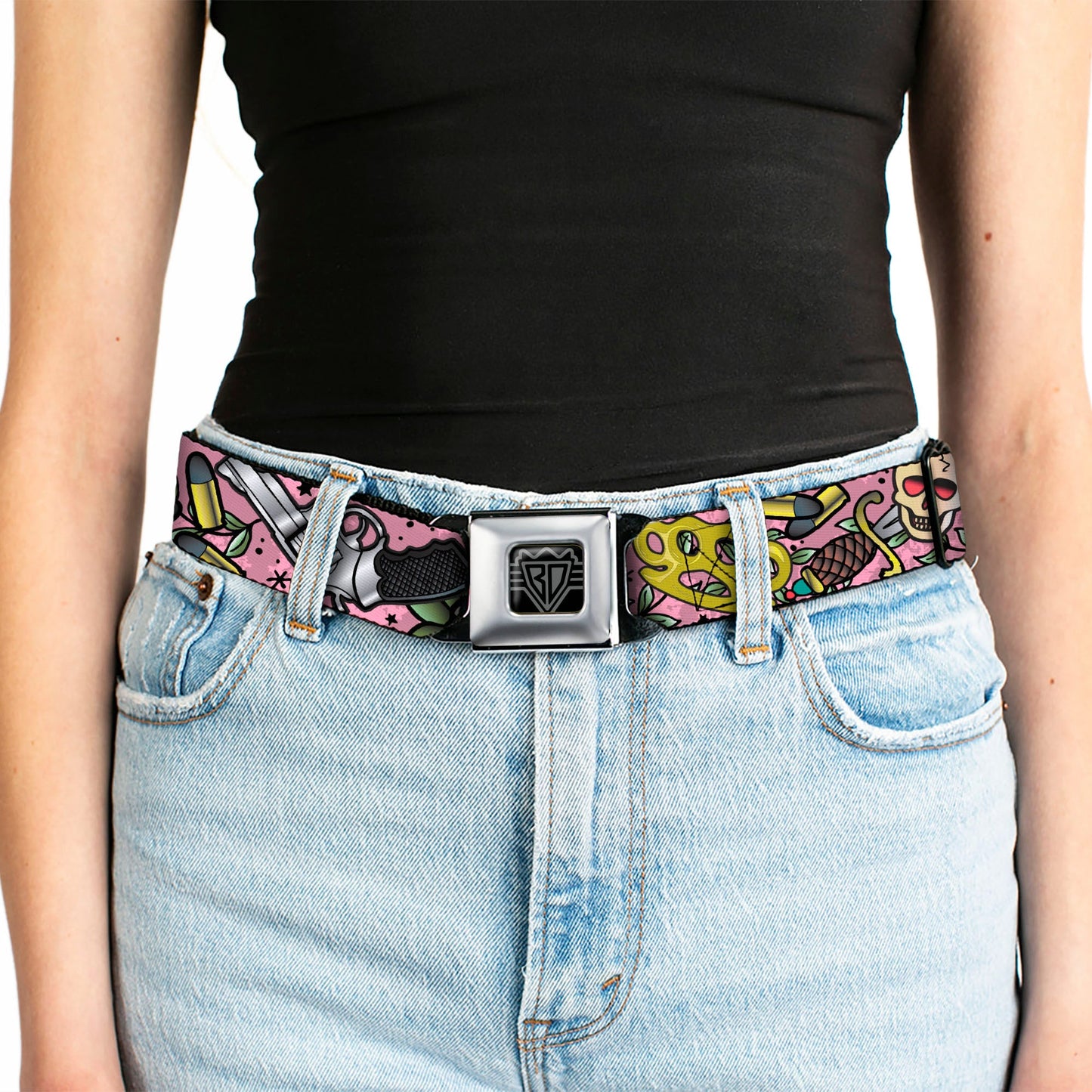 BD Wings Logo CLOSE - UP Full Color Black Silver Seatbelt Belt - Born to Raise Hell CLOSE - UP Pink Webbing - Seatbelt Belts - Buckle - Down
