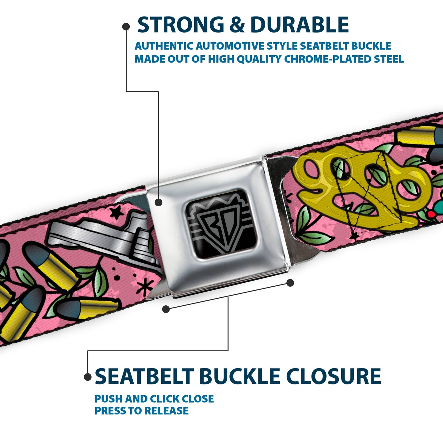 BD Wings Logo CLOSE - UP Full Color Black Silver Seatbelt Belt - Born to Raise Hell CLOSE - UP Pink Webbing - Seatbelt Belts - Buckle - Down