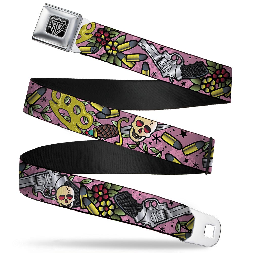 BD Wings Logo CLOSE - UP Full Color Black Silver Seatbelt Belt - Born to Raise Hell CLOSE - UP Pink Webbing - Seatbelt Belts - Buckle - Down