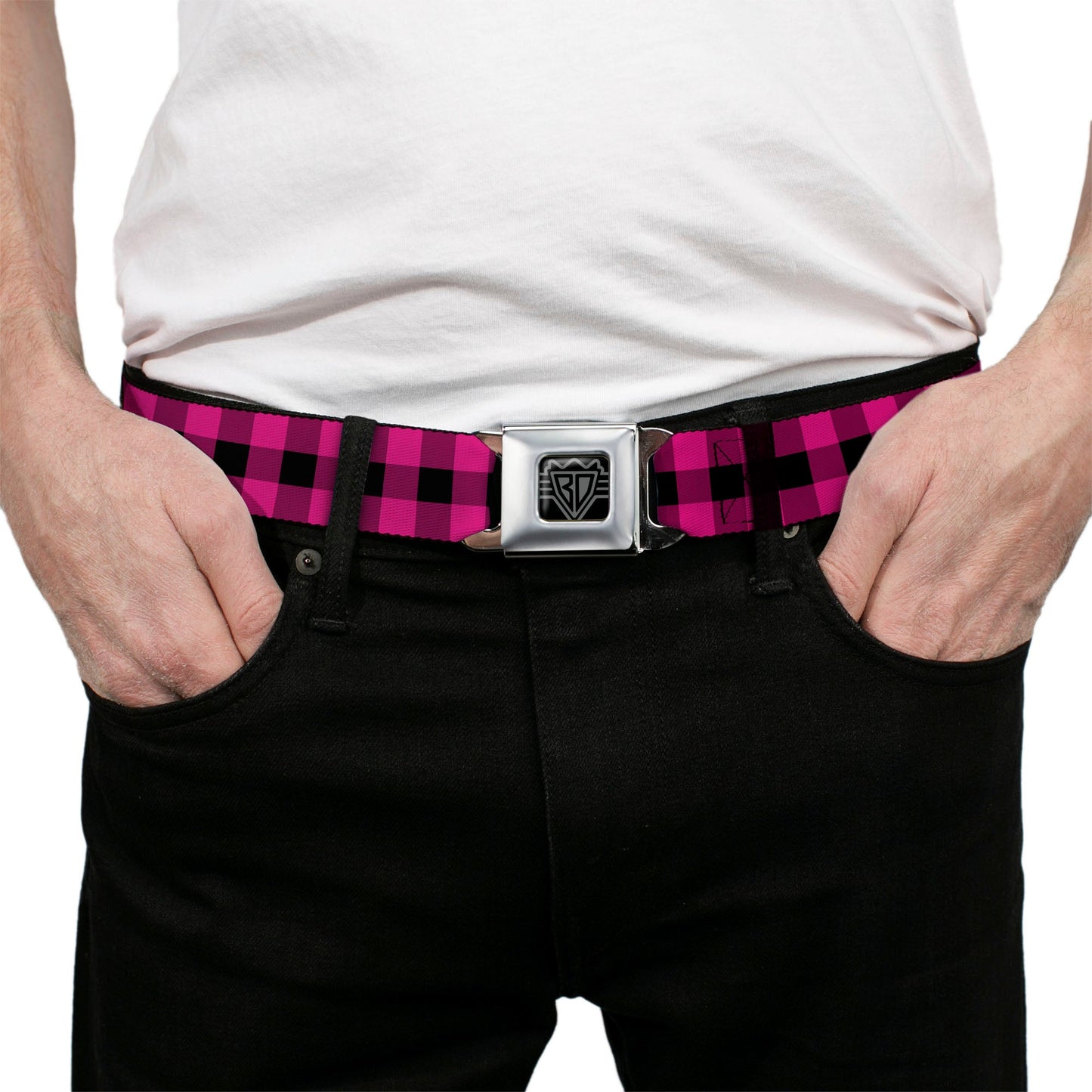 BD Wings Logo CLOSE - UP Full Color Black Silver Seatbelt Belt - Buffalo Plaid Black/Fuchsia Webbing - Seatbelt Belts - Buckle - Down