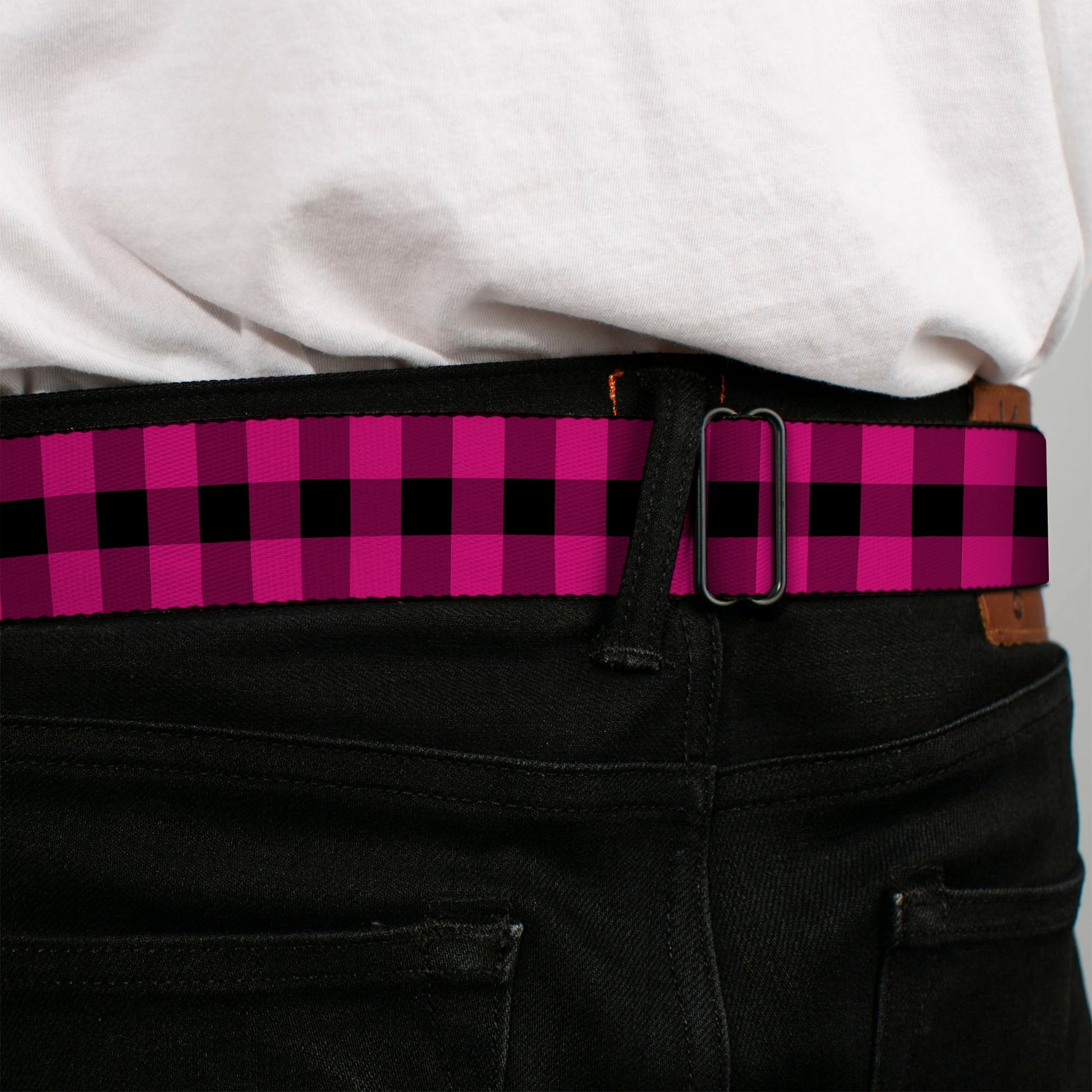 BD Wings Logo CLOSE - UP Full Color Black Silver Seatbelt Belt - Buffalo Plaid Black/Fuchsia Webbing - Seatbelt Belts - Buckle - Down