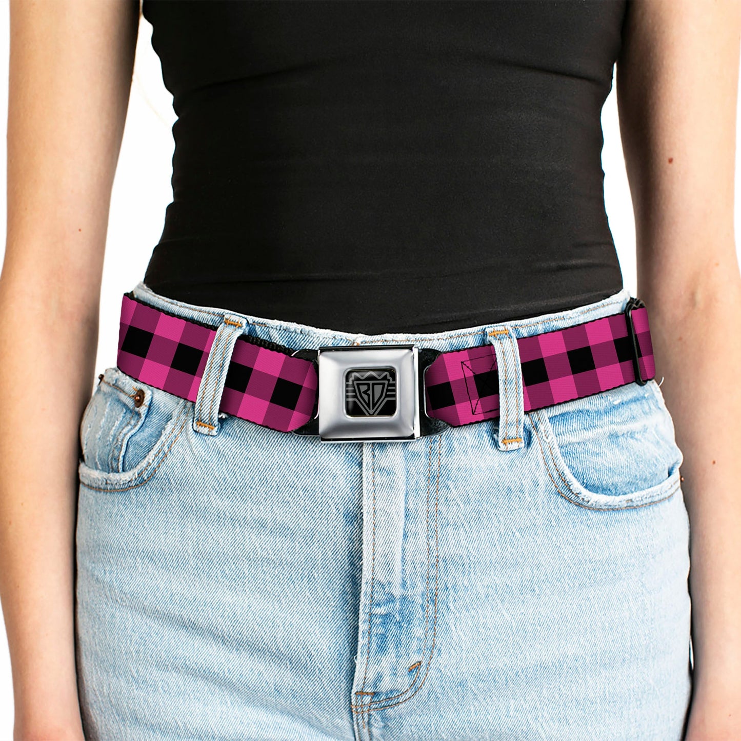 BD Wings Logo CLOSE - UP Full Color Black Silver Seatbelt Belt - Buffalo Plaid Black/Fuchsia Webbing - Seatbelt Belts - Buckle - Down
