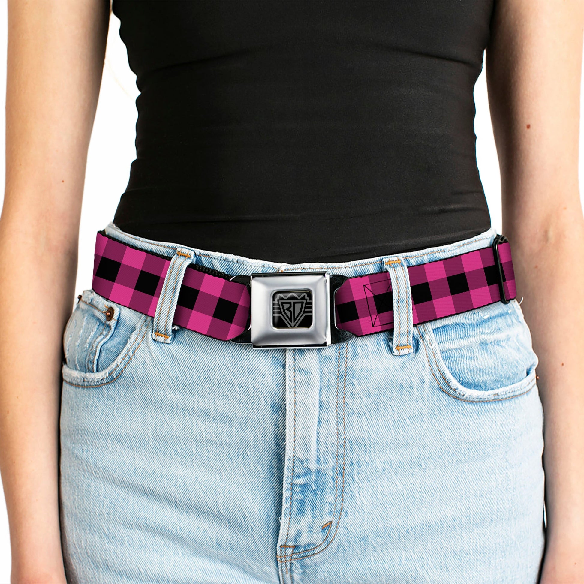 BD Wings Logo CLOSE - UP Full Color Black Silver Seatbelt Belt - Buffalo Plaid Black/Fuchsia Webbing - Seatbelt Belts - Buckle - Down
