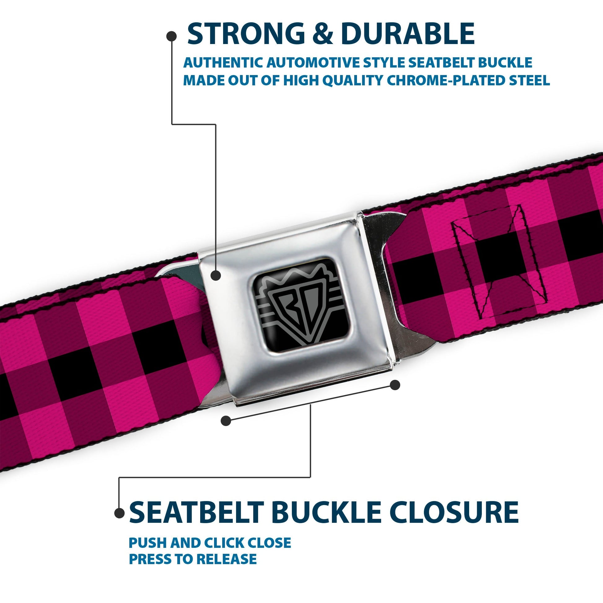 BD Wings Logo CLOSE - UP Full Color Black Silver Seatbelt Belt - Buffalo Plaid Black/Fuchsia Webbing - Seatbelt Belts - Buckle - Down