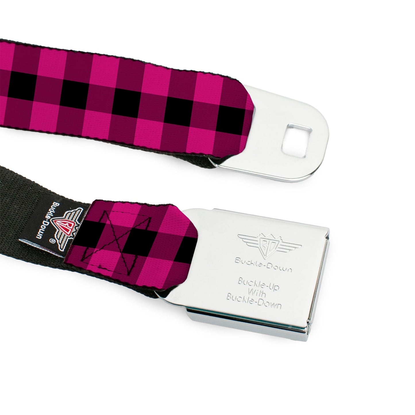 BD Wings Logo CLOSE - UP Full Color Black Silver Seatbelt Belt - Buffalo Plaid Black/Fuchsia Webbing - Seatbelt Belts - Buckle - Down