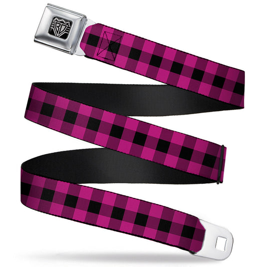 BD Wings Logo CLOSE - UP Full Color Black Silver Seatbelt Belt - Buffalo Plaid Black/Fuchsia Webbing - Seatbelt Belts - Buckle - Down