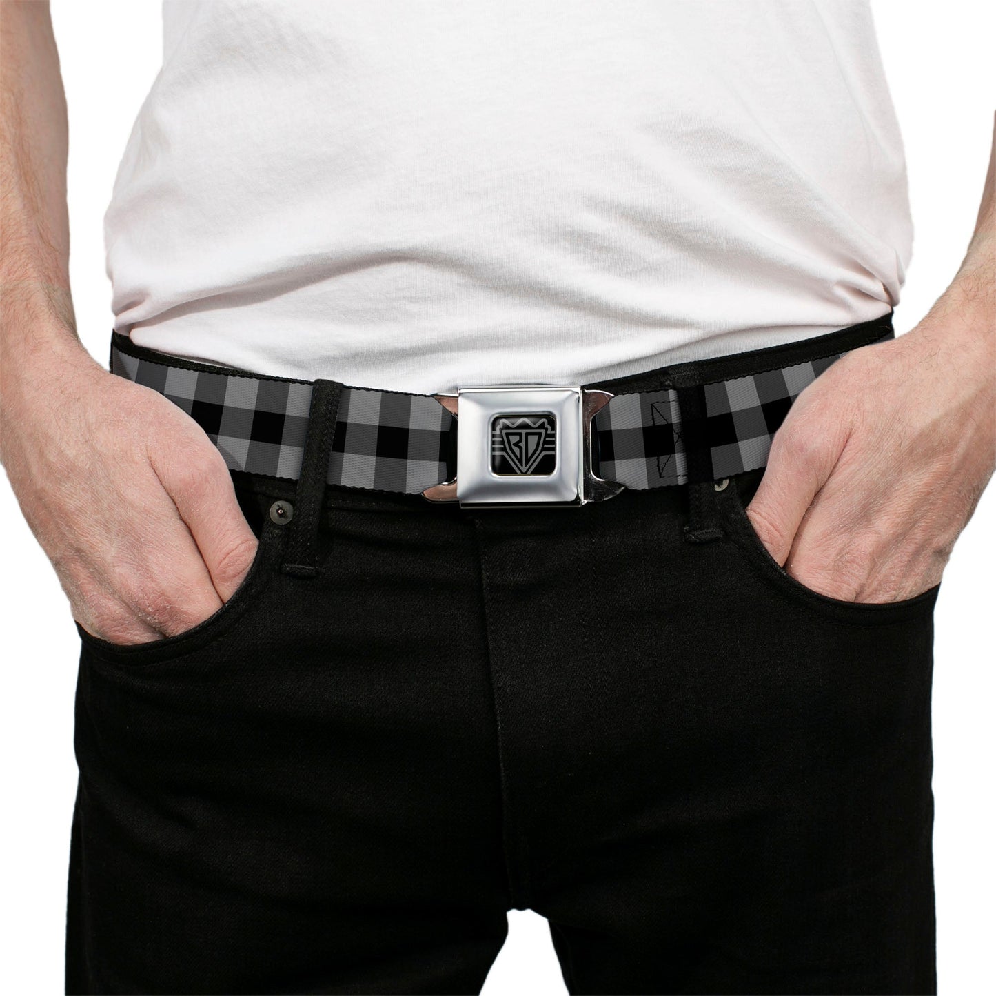 BD Wings Logo CLOSE - UP Full Color Black Silver Seatbelt Belt - Buffalo Plaid Black/Gray Webbing - Seatbelt Belts - Buckle - Down