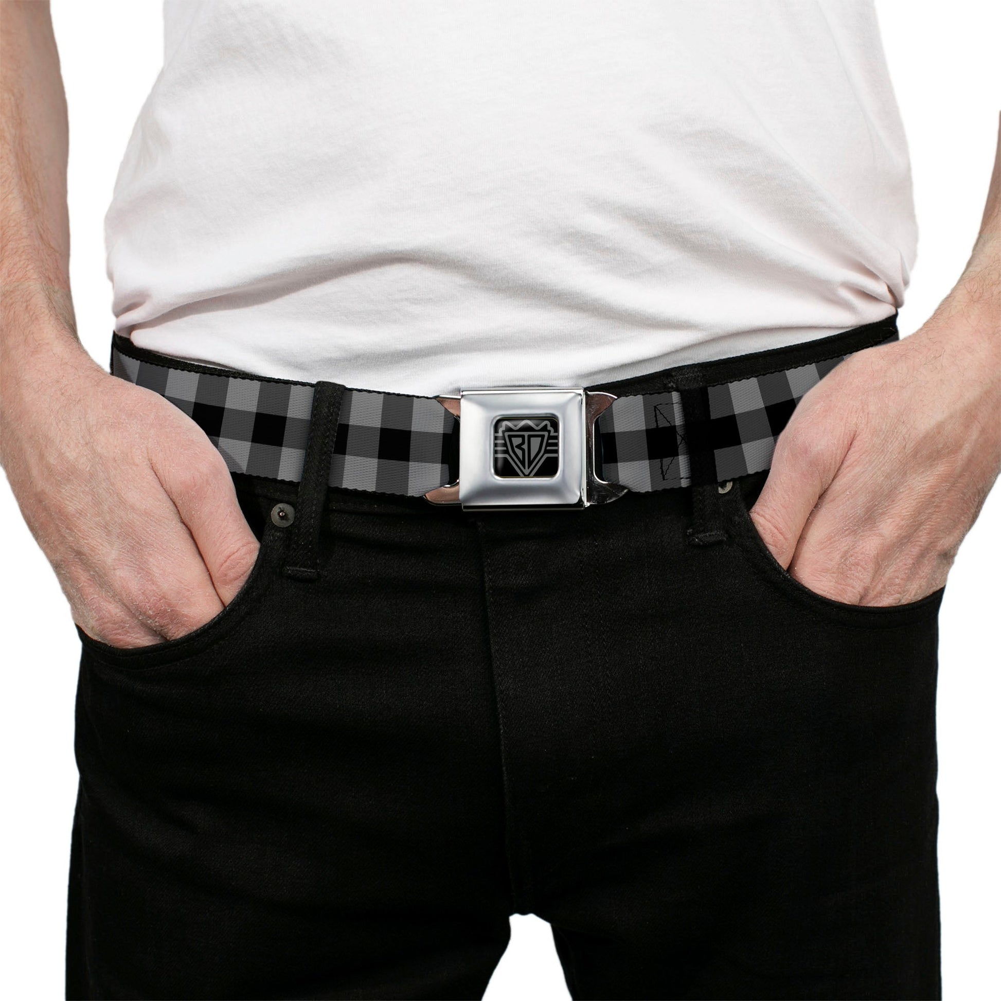 BD Wings Logo CLOSE - UP Full Color Black Silver Seatbelt Belt - Buffalo Plaid Black/Gray Webbing - Seatbelt Belts - Buckle - Down