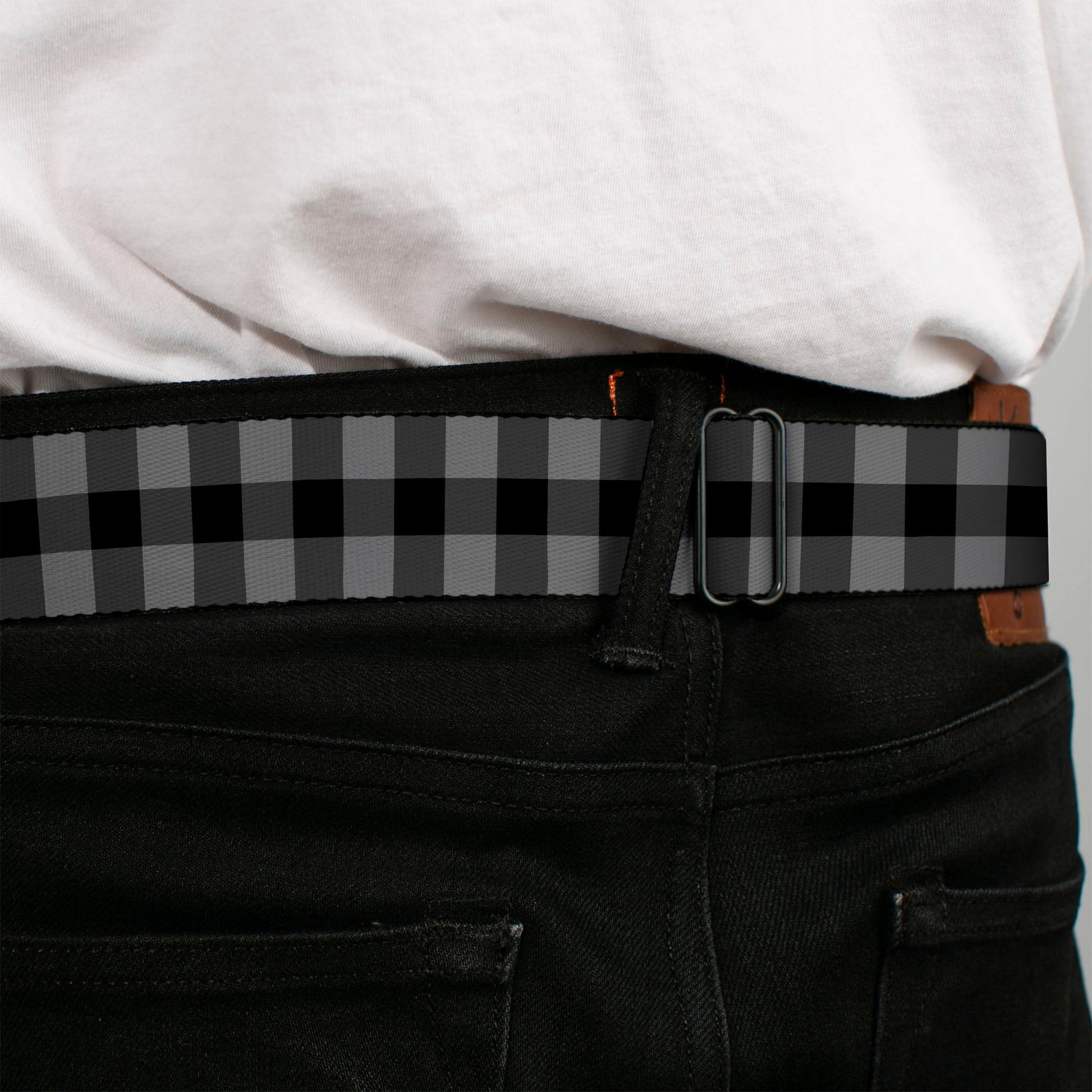 BD Wings Logo CLOSE - UP Full Color Black Silver Seatbelt Belt - Buffalo Plaid Black/Gray Webbing - Seatbelt Belts - Buckle - Down