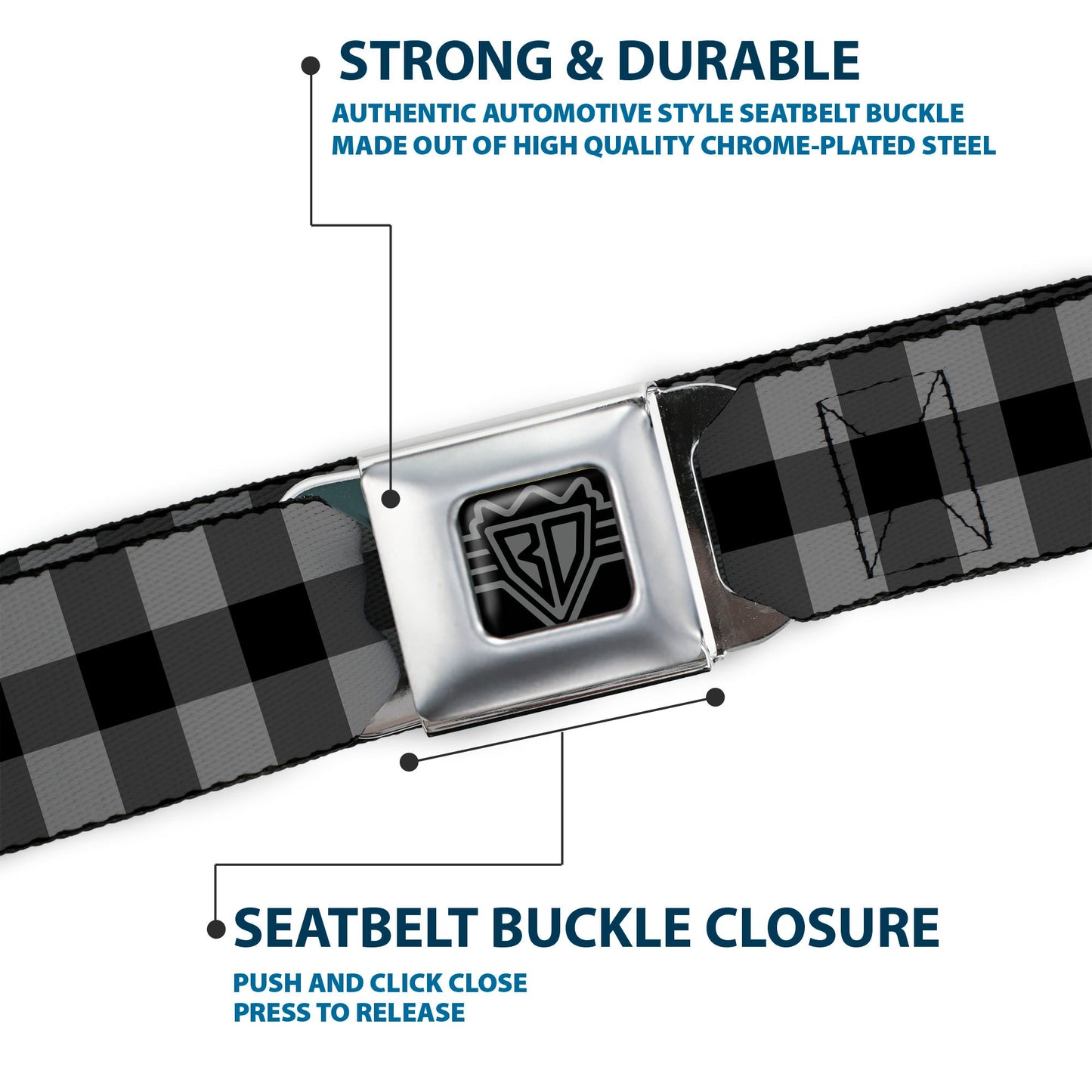 BD Wings Logo CLOSE - UP Full Color Black Silver Seatbelt Belt - Buffalo Plaid Black/Gray Webbing - Seatbelt Belts - Buckle - Down