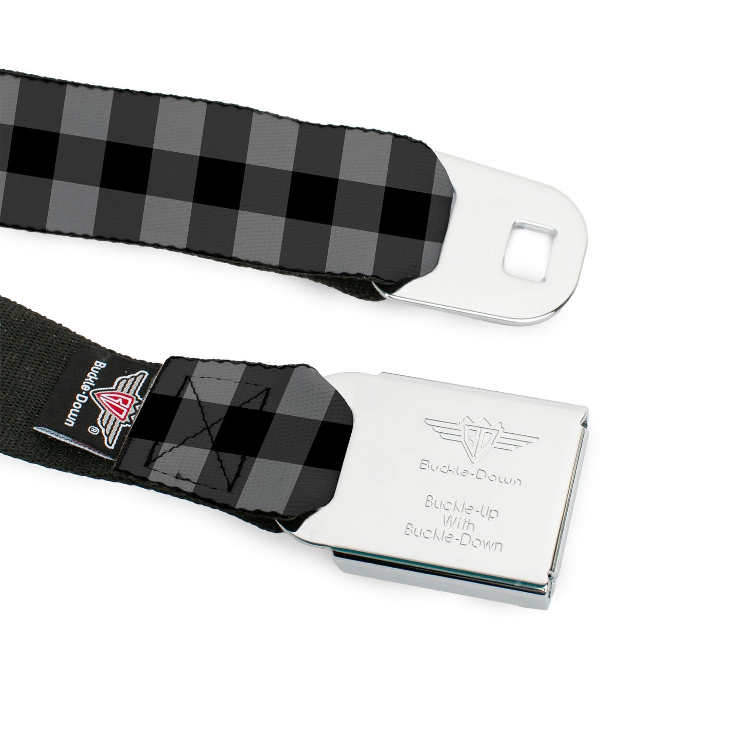 BD Wings Logo CLOSE - UP Full Color Black Silver Seatbelt Belt - Buffalo Plaid Black/Gray Webbing - Seatbelt Belts - Buckle - Down