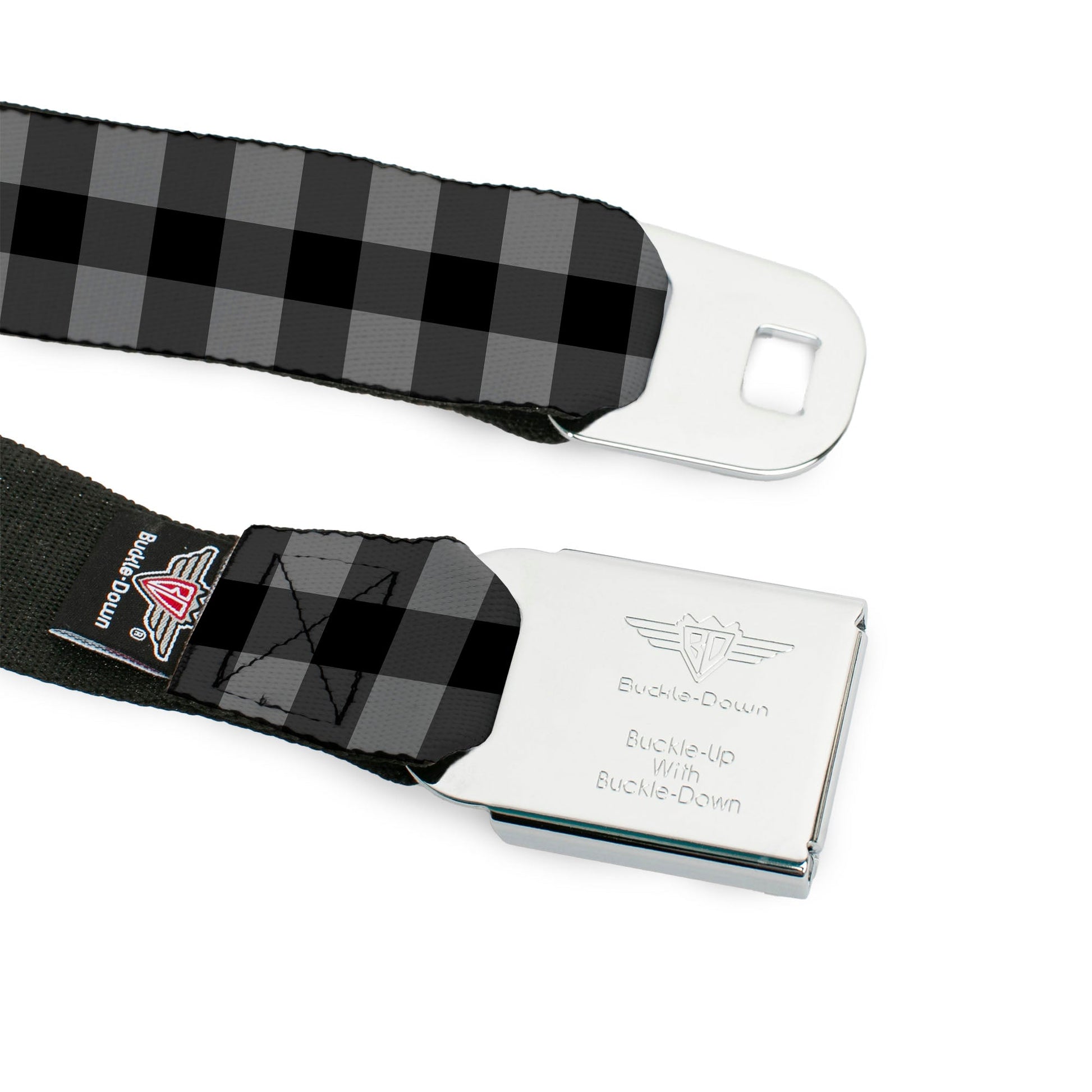 BD Wings Logo CLOSE - UP Full Color Black Silver Seatbelt Belt - Buffalo Plaid Black/Gray Webbing - Seatbelt Belts - Buckle - Down
