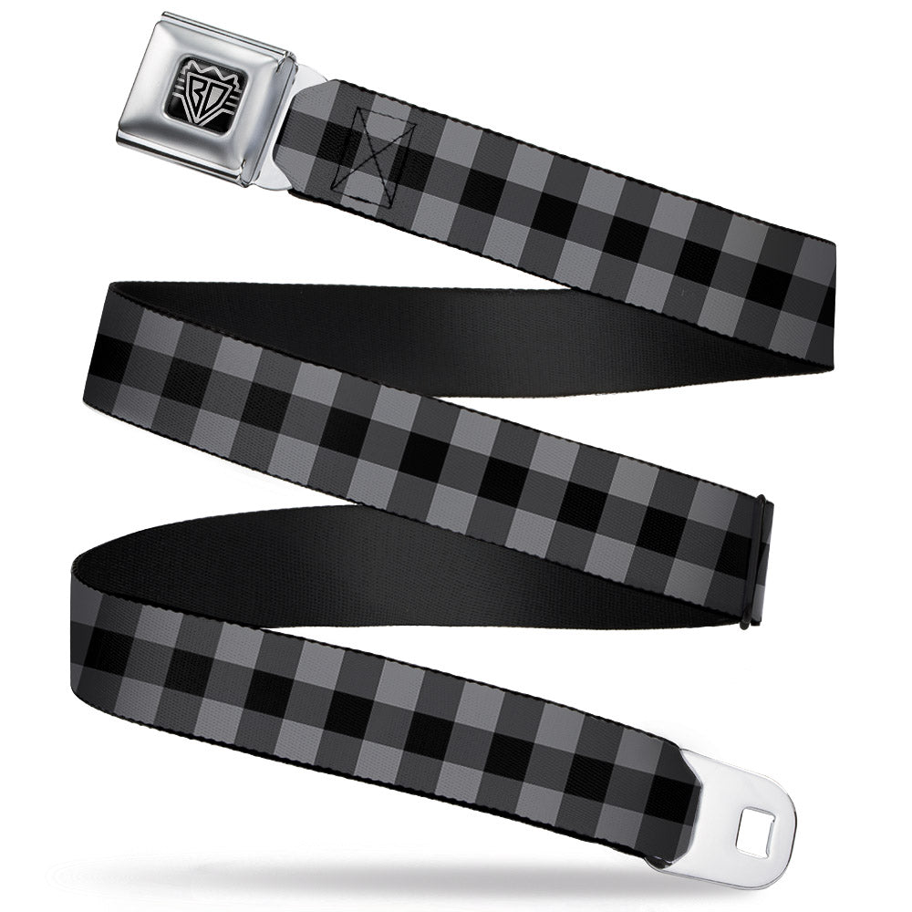 BD Wings Logo CLOSE - UP Full Color Black Silver Seatbelt Belt - Buffalo Plaid Black/Gray Webbing - Seatbelt Belts - Buckle - Down