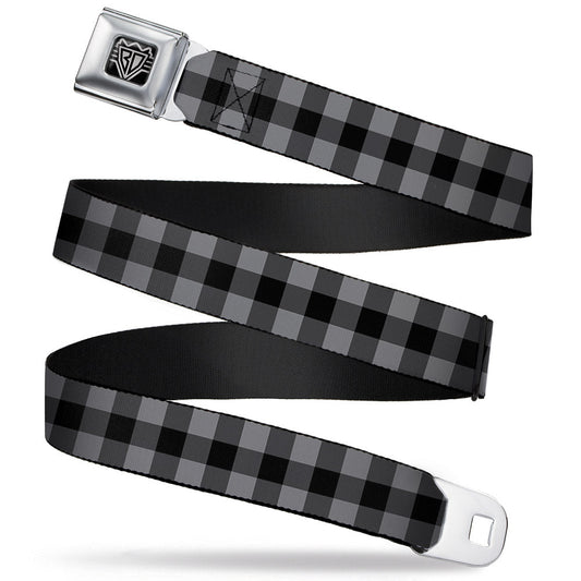 BD Wings Logo CLOSE - UP Full Color Black Silver Seatbelt Belt - Buffalo Plaid Black/Gray Webbing - Seatbelt Belts - Buckle - Down