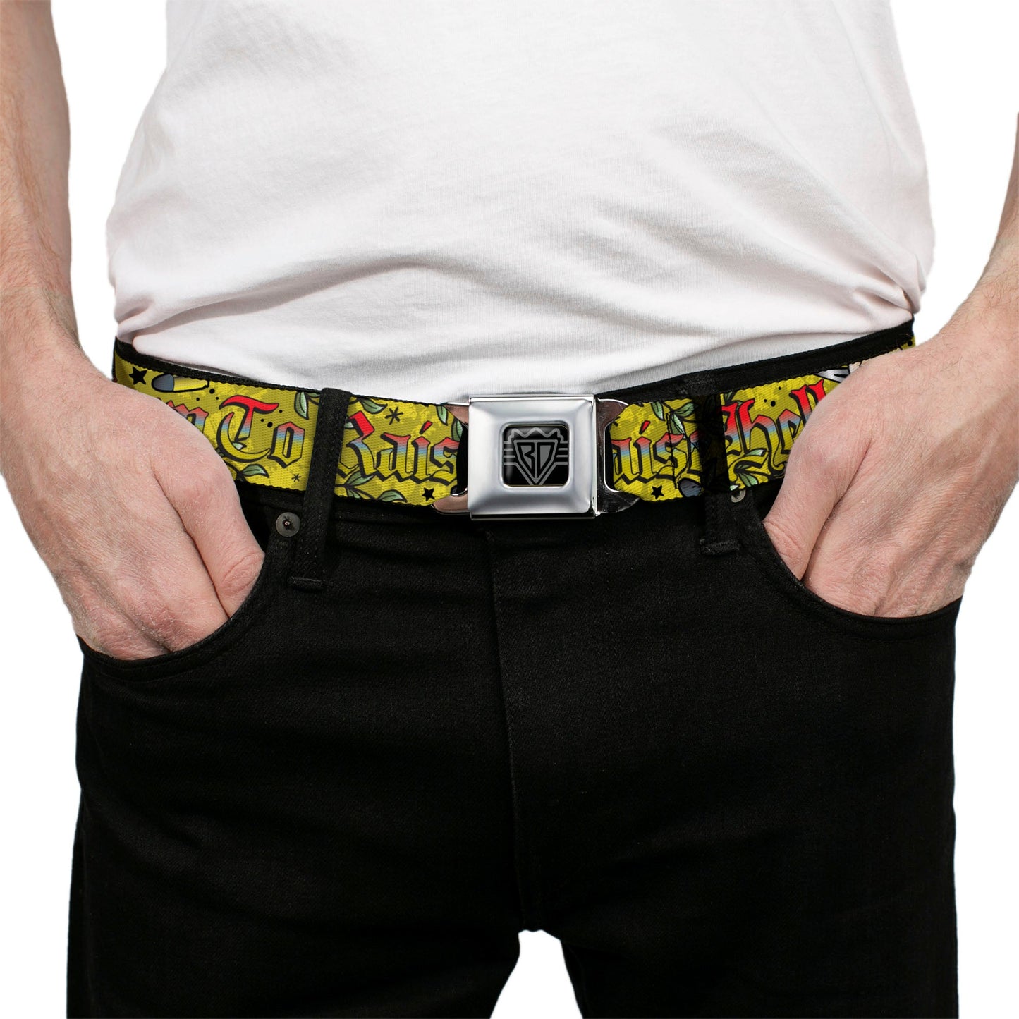 BD Wings Logo CLOSE - UP Full Color Black Silver Seatbelt Belt - Born to Raise Hell Yellow Webbing - Seatbelt Belts - Buckle - Down