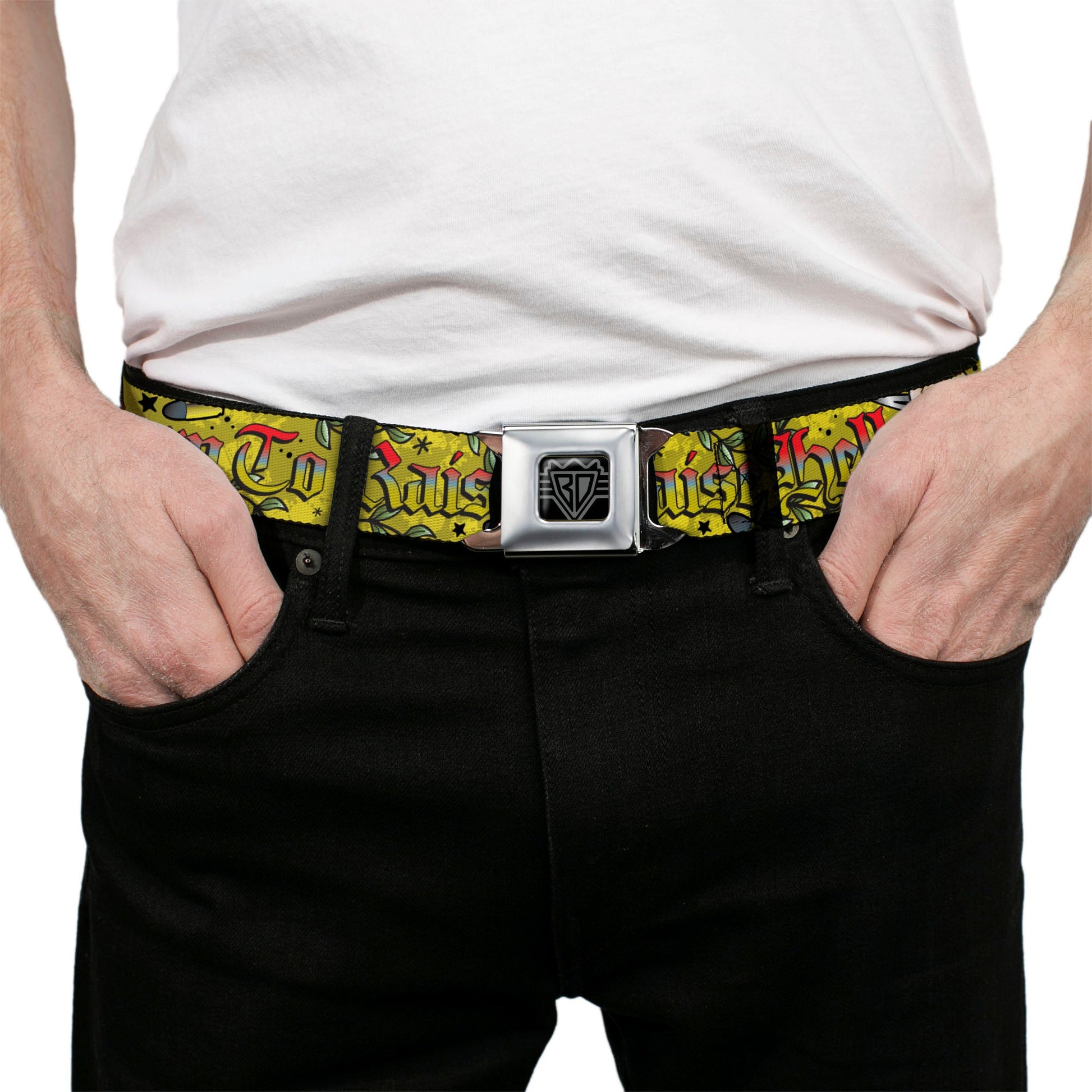 BD Wings Logo CLOSE - UP Full Color Black Silver Seatbelt Belt - Born to Raise Hell Yellow Webbing - Seatbelt Belts - Buckle - Down