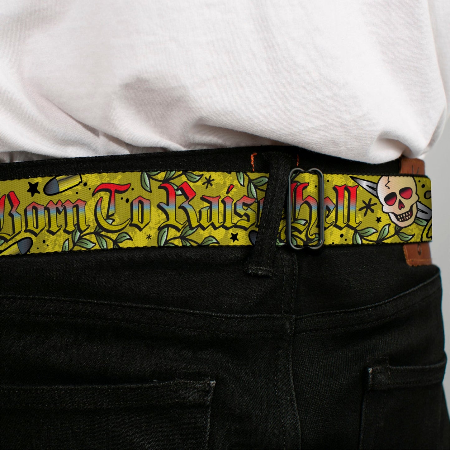 BD Wings Logo CLOSE - UP Full Color Black Silver Seatbelt Belt - Born to Raise Hell Yellow Webbing - Seatbelt Belts - Buckle - Down