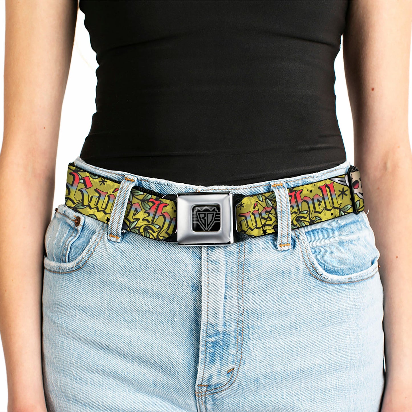 BD Wings Logo CLOSE - UP Full Color Black Silver Seatbelt Belt - Born to Raise Hell Yellow Webbing - Seatbelt Belts - Buckle - Down