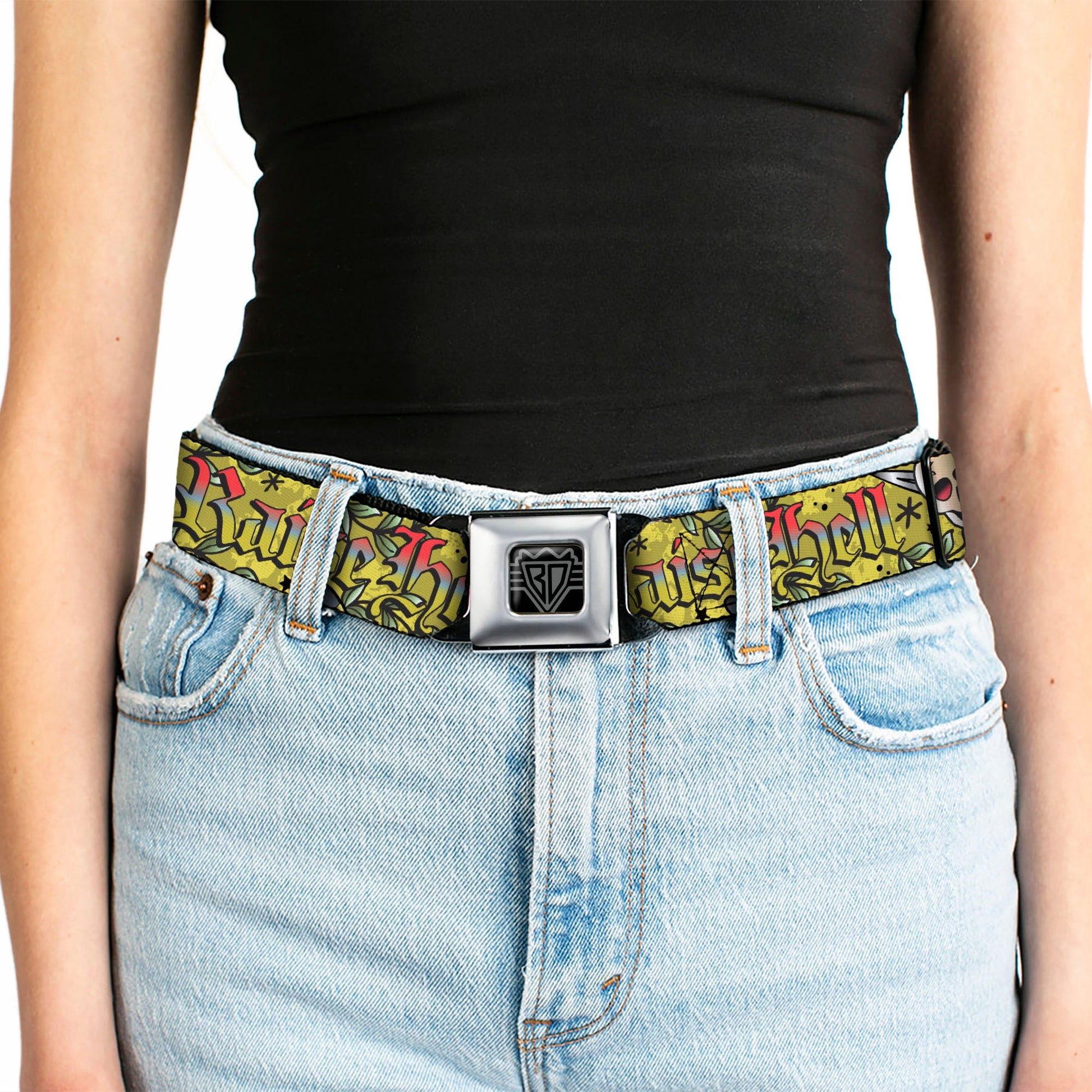BD Wings Logo CLOSE - UP Full Color Black Silver Seatbelt Belt - Born to Raise Hell Yellow Webbing - Seatbelt Belts - Buckle - Down