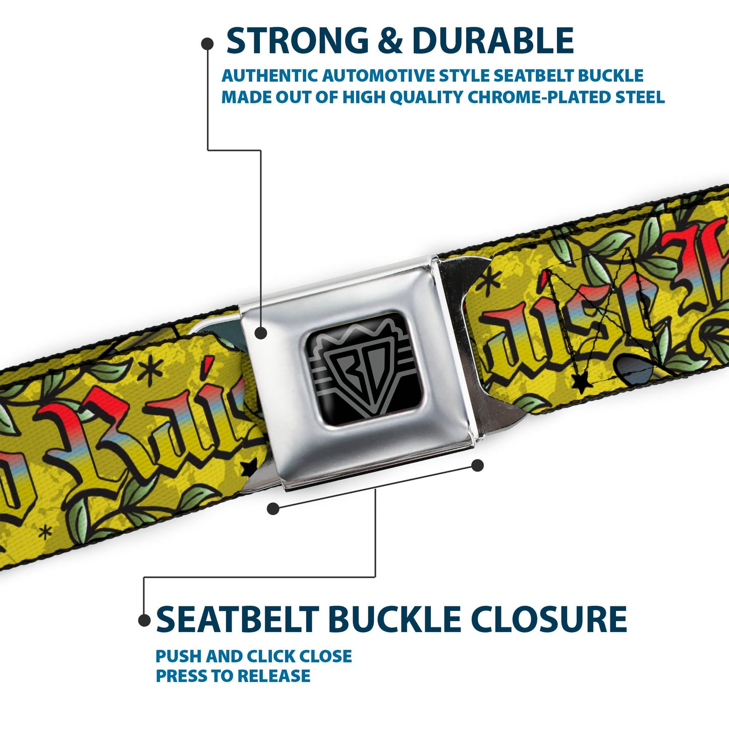 BD Wings Logo CLOSE - UP Full Color Black Silver Seatbelt Belt - Born to Raise Hell Yellow Webbing - Seatbelt Belts - Buckle - Down