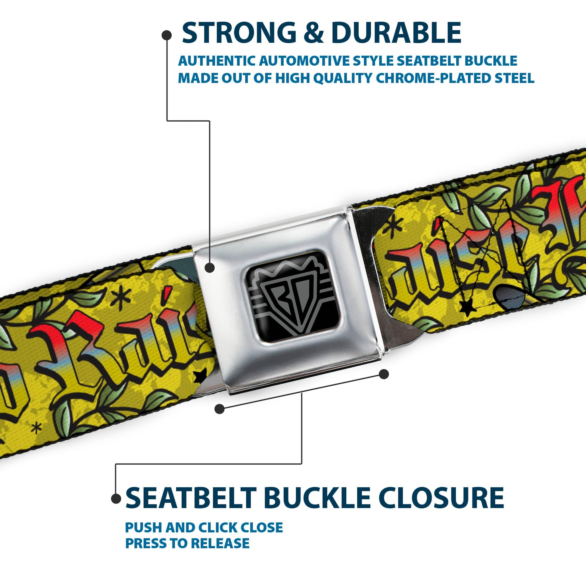 BD Wings Logo CLOSE - UP Full Color Black Silver Seatbelt Belt - Born to Raise Hell Yellow Webbing - Seatbelt Belts - Buckle - Down