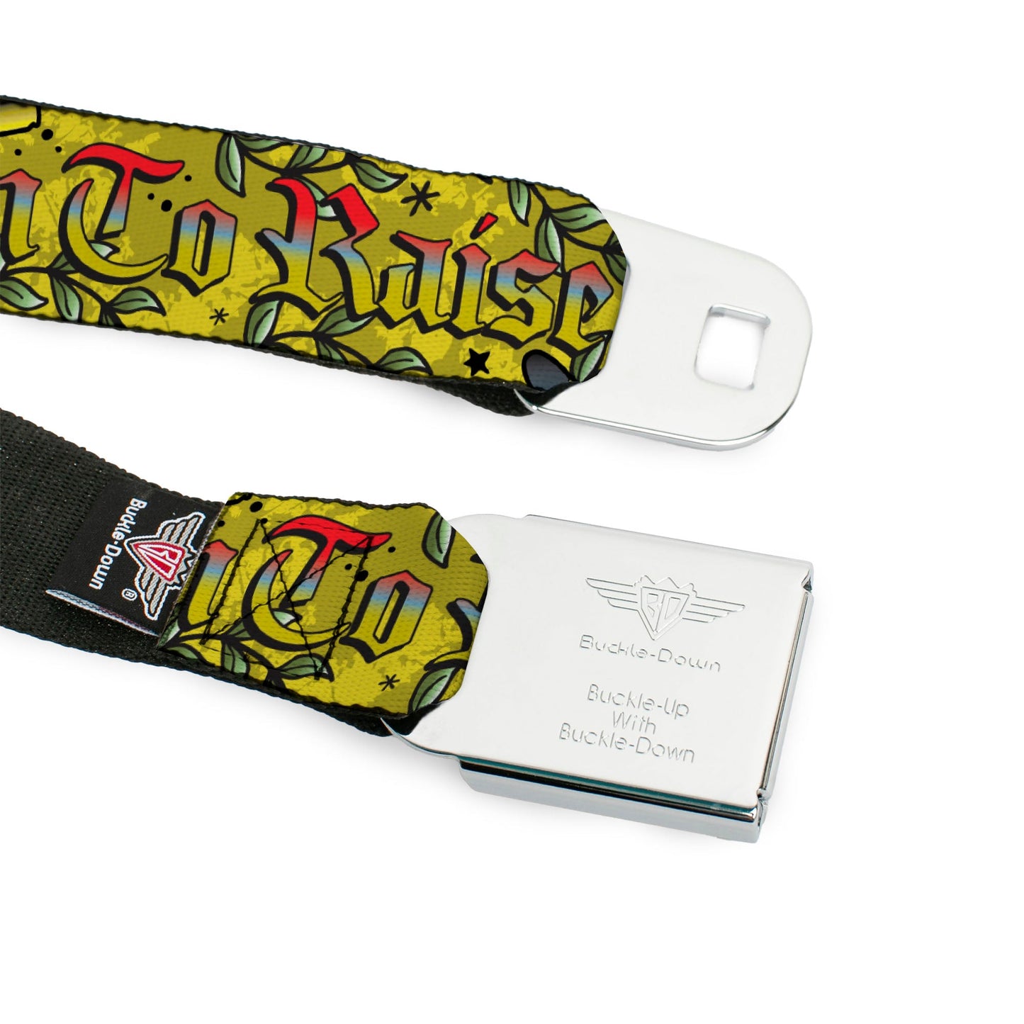 BD Wings Logo CLOSE - UP Full Color Black Silver Seatbelt Belt - Born to Raise Hell Yellow Webbing - Seatbelt Belts - Buckle - Down