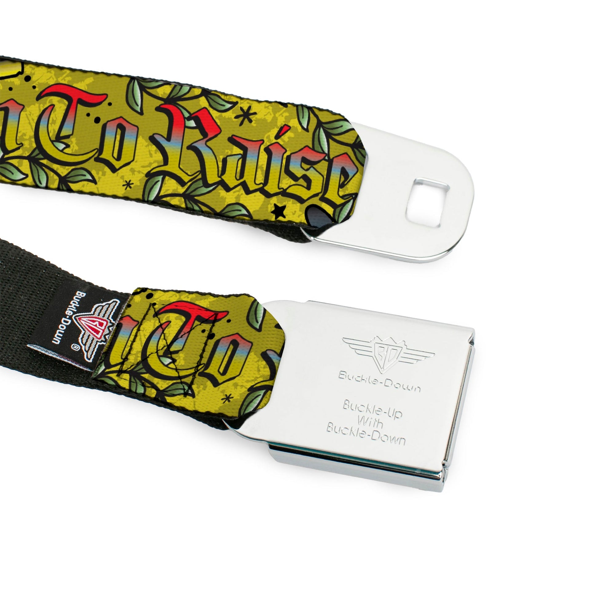 BD Wings Logo CLOSE - UP Full Color Black Silver Seatbelt Belt - Born to Raise Hell Yellow Webbing - Seatbelt Belts - Buckle - Down